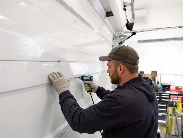 Northborough Garage Door Repair technician demonstrating precision dent removal techniques on a Northborough garage door