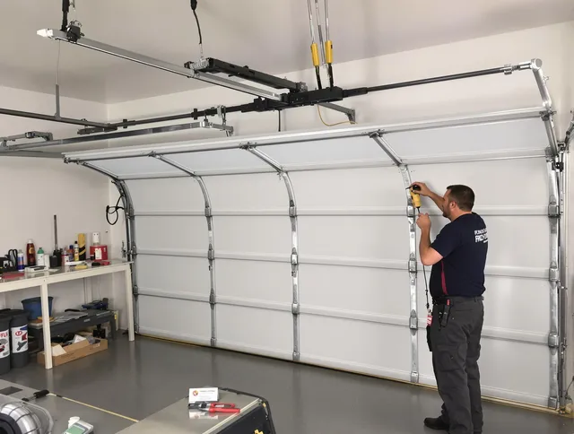 Northborough Garage Door Repair certified technician performing overhead door system repair in Northborough