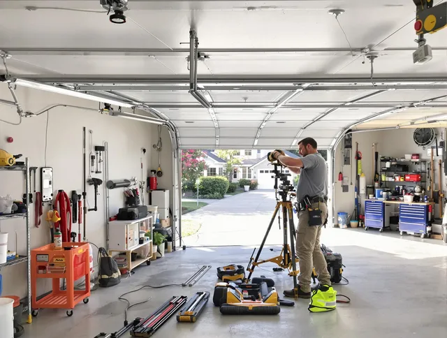 Northborough Garage Door Repair specialist performing laser-guided track alignment in Northborough